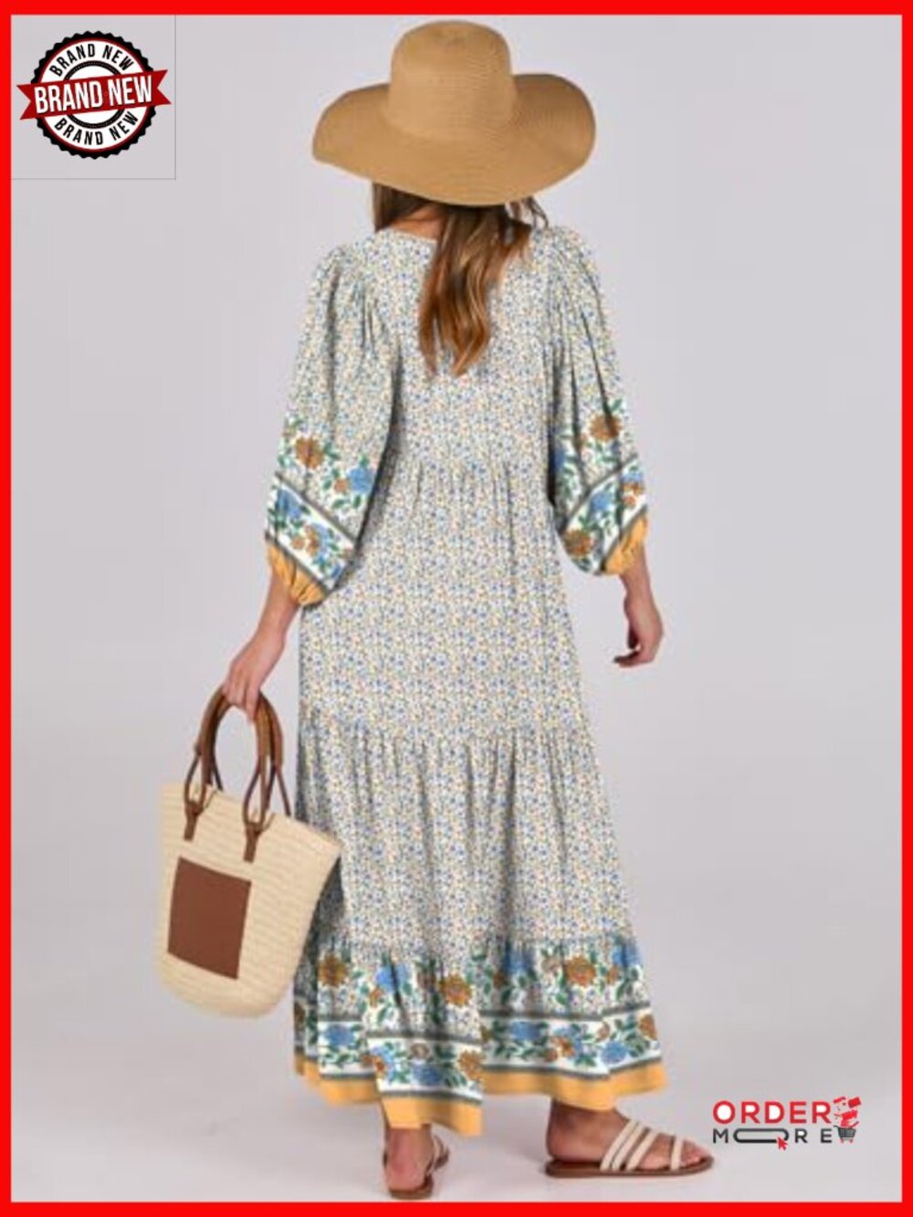 V Neck Puff Sleeve Floral Maxi Dress Boho Tiered Swing - Picture 5 of 7